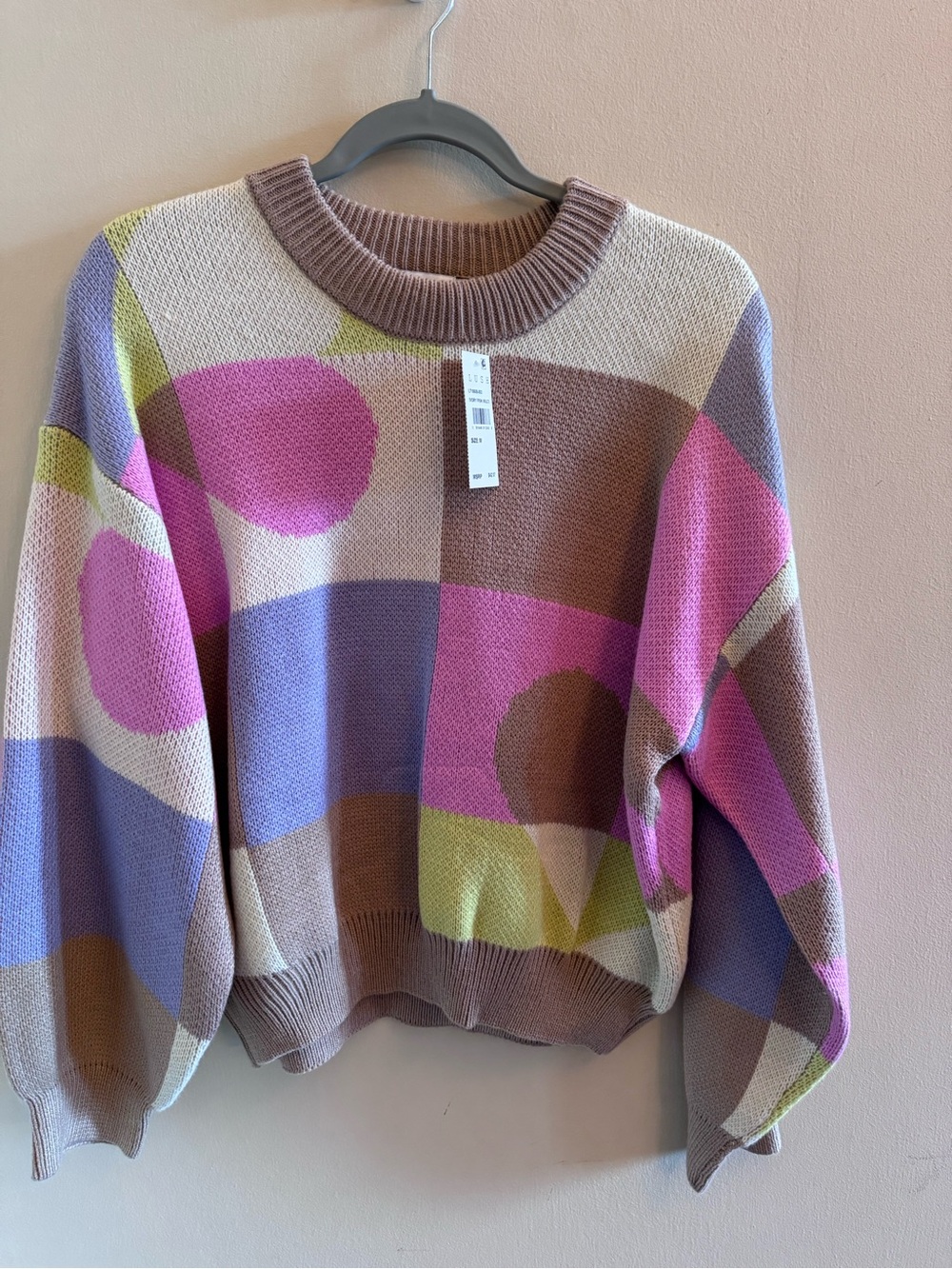 Lush Abstract Colorblock Crewneck Sweater in Pink, Lavender & Green